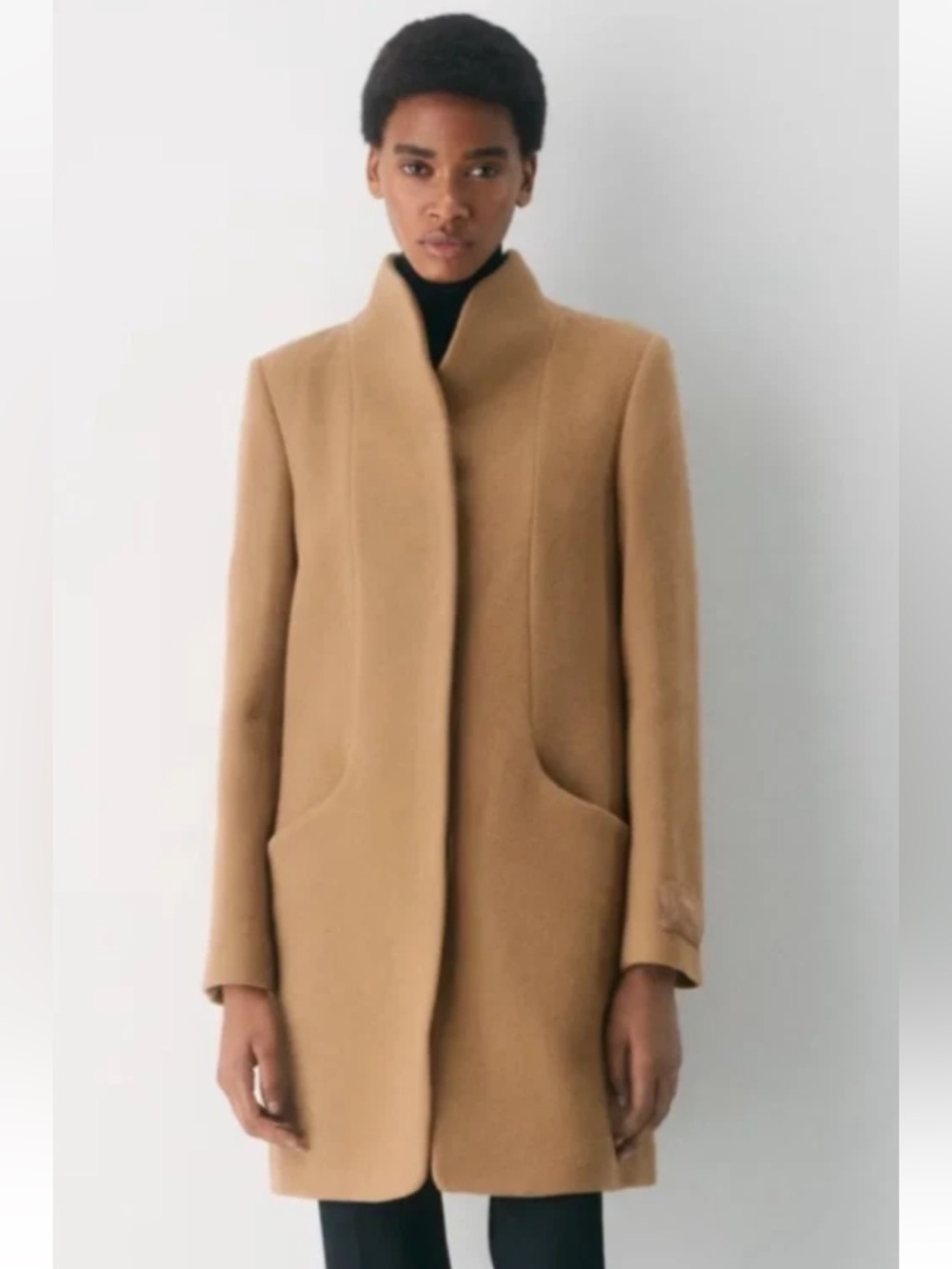 Wilfred Aritzia Sz S Virgin Wool Cocoon Hidden Button Mid Length Coat Tan